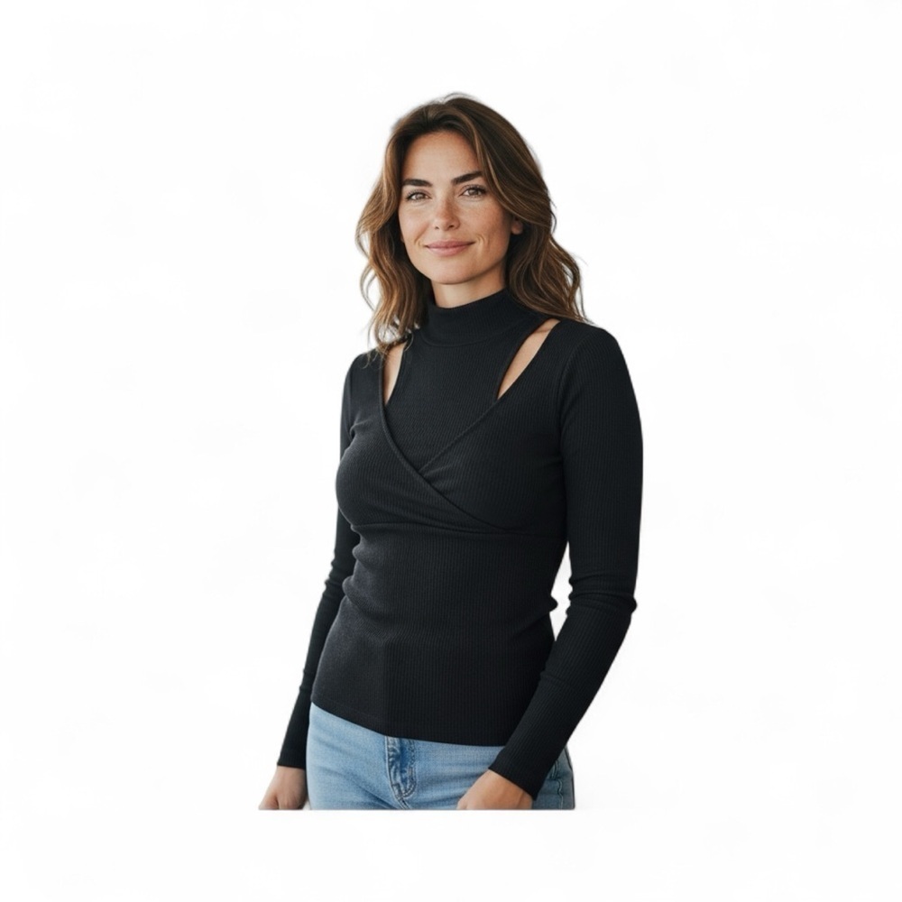 NU Denmark Black Ribbed Turtleneck Wrap Top with Cut Outs long sleeve NWT